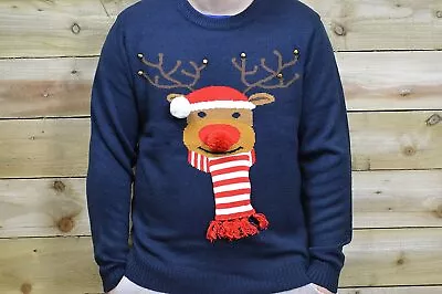 Festive Christmas Jumper  3D Knitted  In Navy With A  Reindeer Extra Large • £12.99