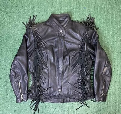Vintage 90s Harley Davidson Women MIRAGE Leather Fringe Jacket USA Black Medium • $76