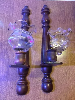 Wooden 2 Candle Sconces With Ruffle Shades~Vintage 1970s~USED~Wall Taper Holders • £16.34