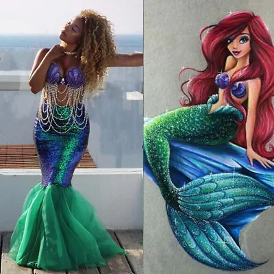 Adult Womens Xmas Gift Cosplay Mermaid Tail Full Skirt Costume Dress Party Fancy • £12.66