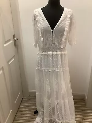 Boho Wedding Ladies Maxi  3/4 Sleeve Floral Gypsy Bohemian Hippie Lace Dress L • £50