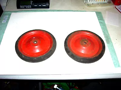 2 ANTIQUE VTG RED METAL WAGON PEDAL CAR TOY WHEELS 7 1/4” Diameter Hard Rubber • $35.28