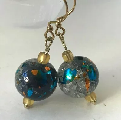 Blue Black Clear Murano Glass Earrings Bead Hand Painted Crackle Gold Plated • $9.99