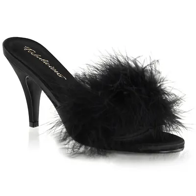 PLEASER AMO03/BPU 3  Heel Lack Marabou Feather Satin Slides Slippers Shoes • $40.95