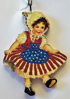 GIRL In RED WHITE & BLUE FLAG DRESS JULY 4th * Glitter PATRIOTIC ORNAMENT * Vtg • $10.50