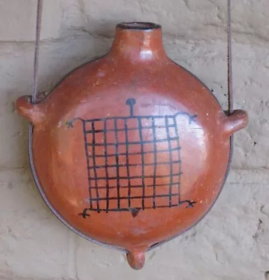 OLD MARICOPA PICTORIAL POTTERY CANTEEN W TURTLE + LEATHER STRAP NATIVE AMERICAN • $250