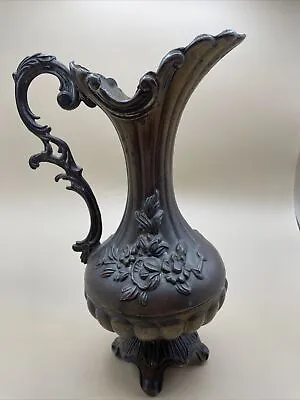 Vintage Italian Brass Floral Vase Pitcher Made In Italy Ornate 9.5  Patina Metal • $25