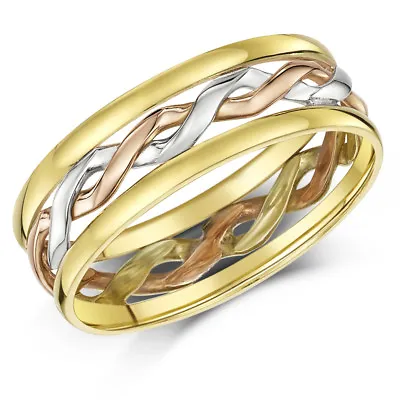9ct Gold Celtic Ring  3 Colour Hand Made 6mm Wedding Band • £215.50