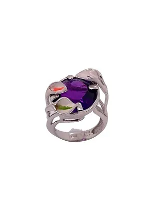 14k Gold Italian Vintage Amethyst W/ Hand-painted Enamel Calla Lily Flower Ring  • $821.99