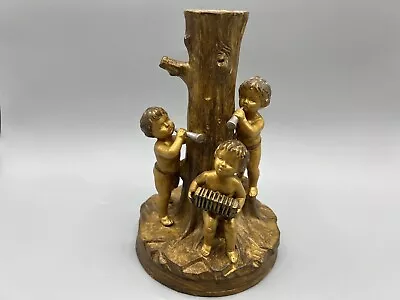 Vintage Tree Trunk Candle Holder Figurine Cherub Musician’s Hand Painted 7.25” • $17.50