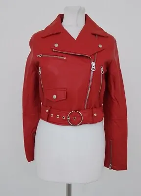 Women's Biker Jacket Red Faux Leather Belted Pockets Collared Zip Lined New F1 • £14.99