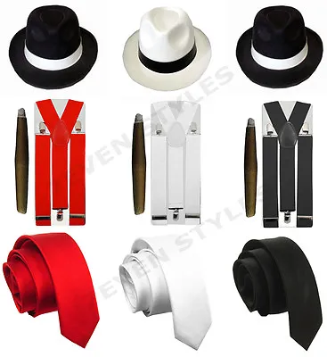 Gangster Pimp Hat Braces Tie Cigar 1920's Mafia Adult Fancy Dress Costume • £9.99