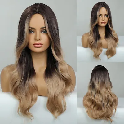 Women Long Layered Dark Brown Roots Blonde Wavy Hair Wigs Cosplay Fanshion Daliy • $16.55