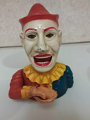 Vintage Older Reproduction Cast Iron Clown / Jester Mechanical Metal Coin Bank • $75