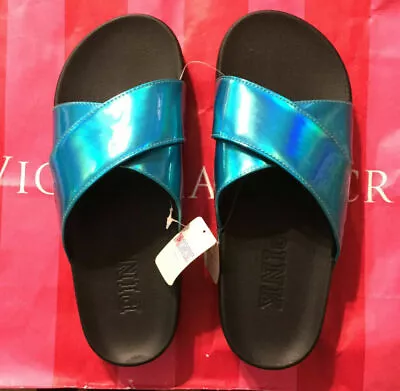 New Victorias Secret Pink Crisscross Slides Sandal Blue Iridescent Small 5-6 • $19.99