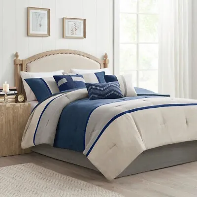 Dark Blue Gray Grey Stripes Color Block 7pc Comforter Set Queen Cal King Bedding • $143.90