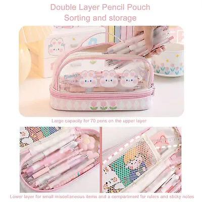 Cute Rabbit Pen Bag Rabbit Pattern Double Layer Waterproof Pencil Case Gift MNS • $10.27