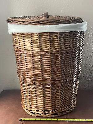 Vintage Braided Wicker Laundry Hamper Basket  19” Tall  X 15” Wide Cloth Lining • $45