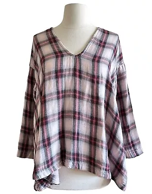 CP Shades Plaid V Neck Pullover Top Womens SZ SM Swing Oversized 3/4 Sleeve • $55.99