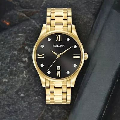 Bulova Men's Quartz Diamond Accent Date Indicator Gold-Tone 40mm Watch 97D108 • $175
