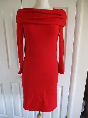 Louis Feraud - Retro Red Wool Dress Pleated Shoulder Drape Long Sleeve-UK8/EU36 • £30