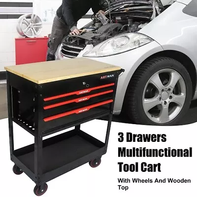 3 Drawers Tool Storage Chest Cabinet Wood Top Workbench Mobile Rolling W/ Wheels • $279.99