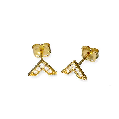 9ct Gold & Clear CZ Crystal V Stud Earrings Chevron Letter Name Studs • £36