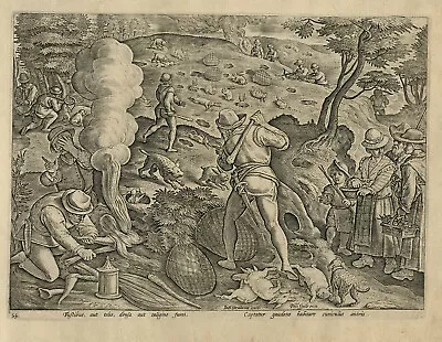 Antique Hunting Print-RABBIT-HUNTER-DOG-SMOKE-FIRE-No. 55-Stradanus-1615 • $297.95