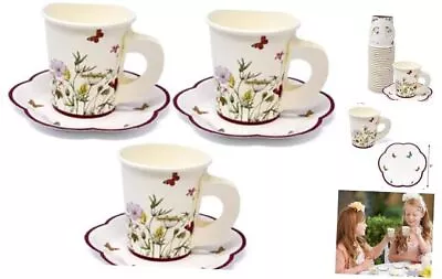  24 Disposable Tea Party Cups 5 Oz 3  24 Saucers 5  Paper Floral Butterfly  • $22.43