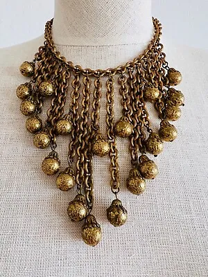 Unsigned Miriam Haskell Heavy Gold Chain Ball Tassel Choker Bib Necklace • $398.40