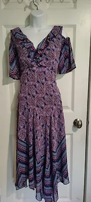 Rabbit Rabbit Rabbit Boho Blue Red Paisley Cold Shoulder Maxi Dress 10 NWT • $27