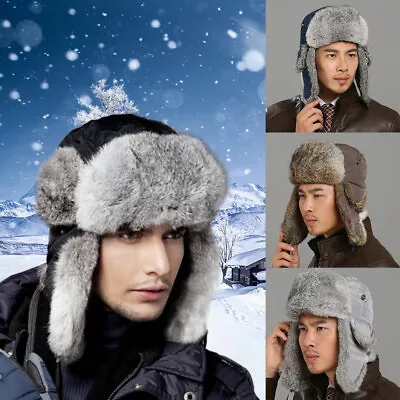 Real Rabbit Fur Hat Unisex Trapper Earflap Cap Ski Cap Winter 10 Colors • £25.20