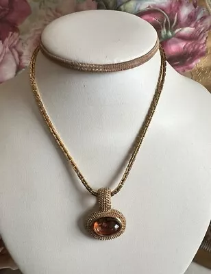 Vintage Retro 80’s 90’s Gold Tone Link Necklace Peach Lucite Gold Tone Pendant • $18