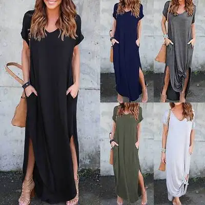 $20.19 • Buy Plus Size Women V-Neck Long Maxi Dress Ladies Short Sleeve Loose Summer Sundress