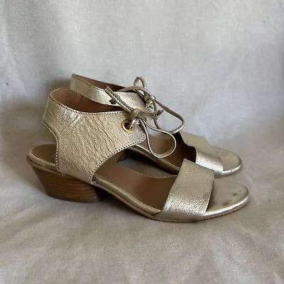 EOS Leather Sandals Gold  Tie Wooden Heel Size 38 / 7 EUC • $55