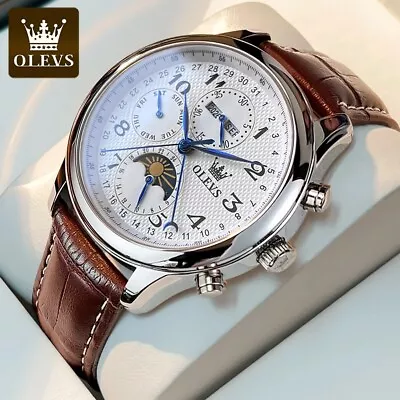 OLEVS Men Watch Chronograph Automatic Mechanical Auto Date Moon Phase Leather 3M • $100.99