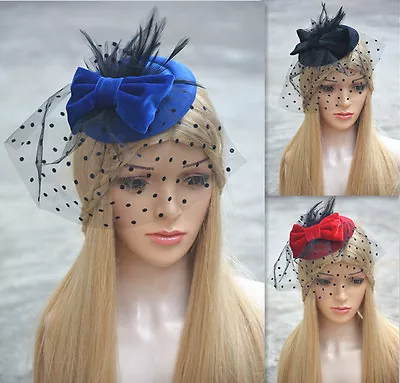 Womens Mini Tilt Top Hat Bridal Feather Veils Bow Fascinator Base A319 • $8.99
