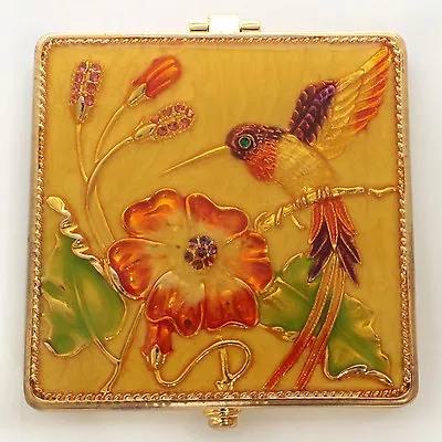 Jeweled Square Hummingbird Motif Compact Mirror Enamel Crystals In Goldyellow • $23