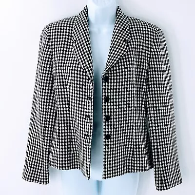 Womens Houndstooth Blazer White Black Wool Single Breast Gianni Vtg USA Sz 6 • $25