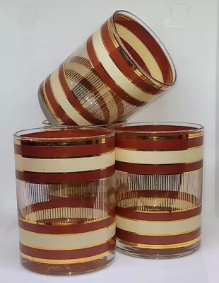 Vintage Mid-Century Modern Red Rust/Gold Accents Lowball Whiskey Glasses S/4  • $36