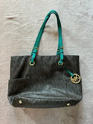 Michael Kors 30S11TTT4B Jet Set Signature Logo Brown/Teal Leather Tote Purse • $35.10