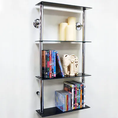 Wall Mounted Glass 90 CD  60 DVD Storage Shelves  Black  Silver CH1531S4TBLK • £54.99