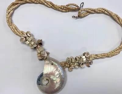 Stunning Vintage  Snail Shell Pendant Mother Of Pearl Medallion Necklace • $24.50