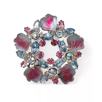 Vintage Kramer Pink Blue AB Rhinestone Glass Leaf Floral Wreathe Brooch Pin • $79.99