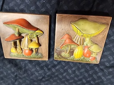 Vtg MCM Ceramic Magic Mushroom 5 Square Wall Hanging Plaque 1970s Decor Set Of 2 • $29.88