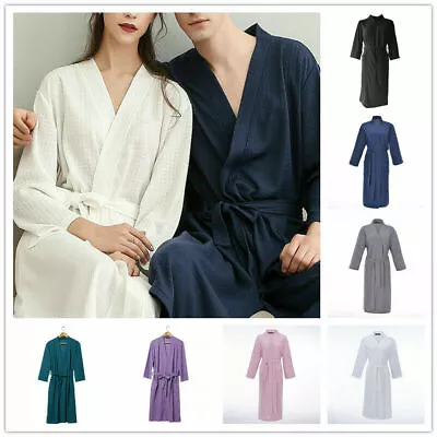 Unisex Bathrobe Kimono Nightgown Bath Robe Dressing Gown Waffle Cotton Sleepwear • £11.63