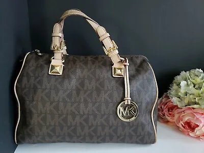 MICHAEL KORS Grayson Satchel Barrel Handbag Large Brown With Tan Leather Straps • $139.63
