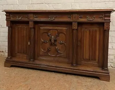 ARRIVES JULY 2024: Antique French Gothic Revival Sideboard/Buffet In Walnut • $2950