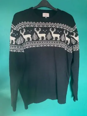 Mens Navy Blue & White Reindeer Christmas Sweater Jumper Top Gents Size 2xl • £7.99