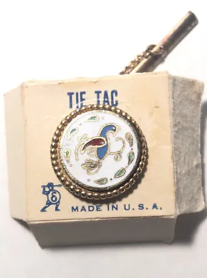 $10.50 • Buy Vintage Tie Pin Tack With Chain - White & Gold Enamel Inlay Bird- Round.
